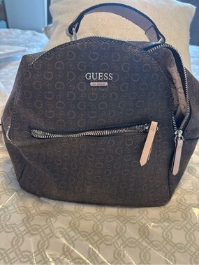 GUESS Brown Logo Mini Backpack with Pale Pink Accents